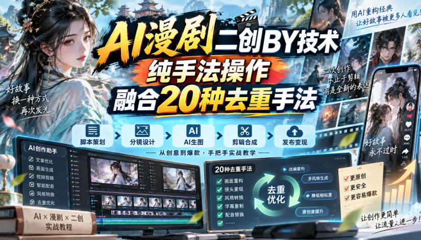 AI漫剧二创搬运技术，纯手法操作，融合20种去重手法-91副业网