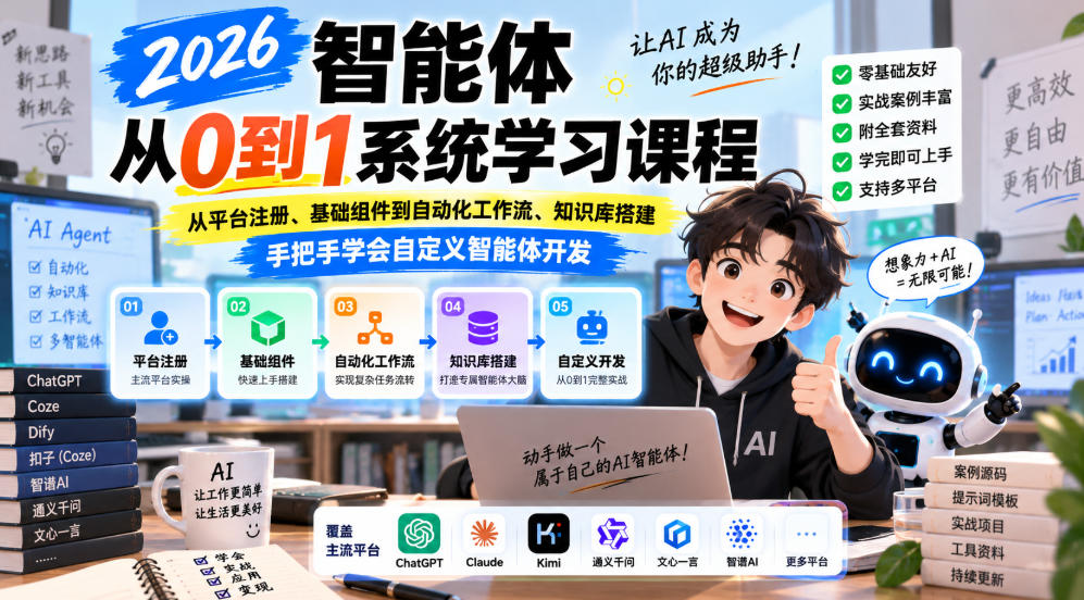 2026智能体从0到1系统学习课程，从平台注册、基础组件到自动化工作流、知识库搭建，手把手学会自定义智能体开发-91副业网