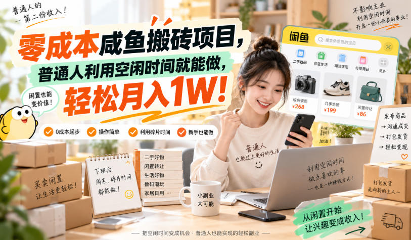 零成本咸鱼搬砖项目，普通人利用空闲时间就能做，轻松月入1W！【揭秘】-91副业网