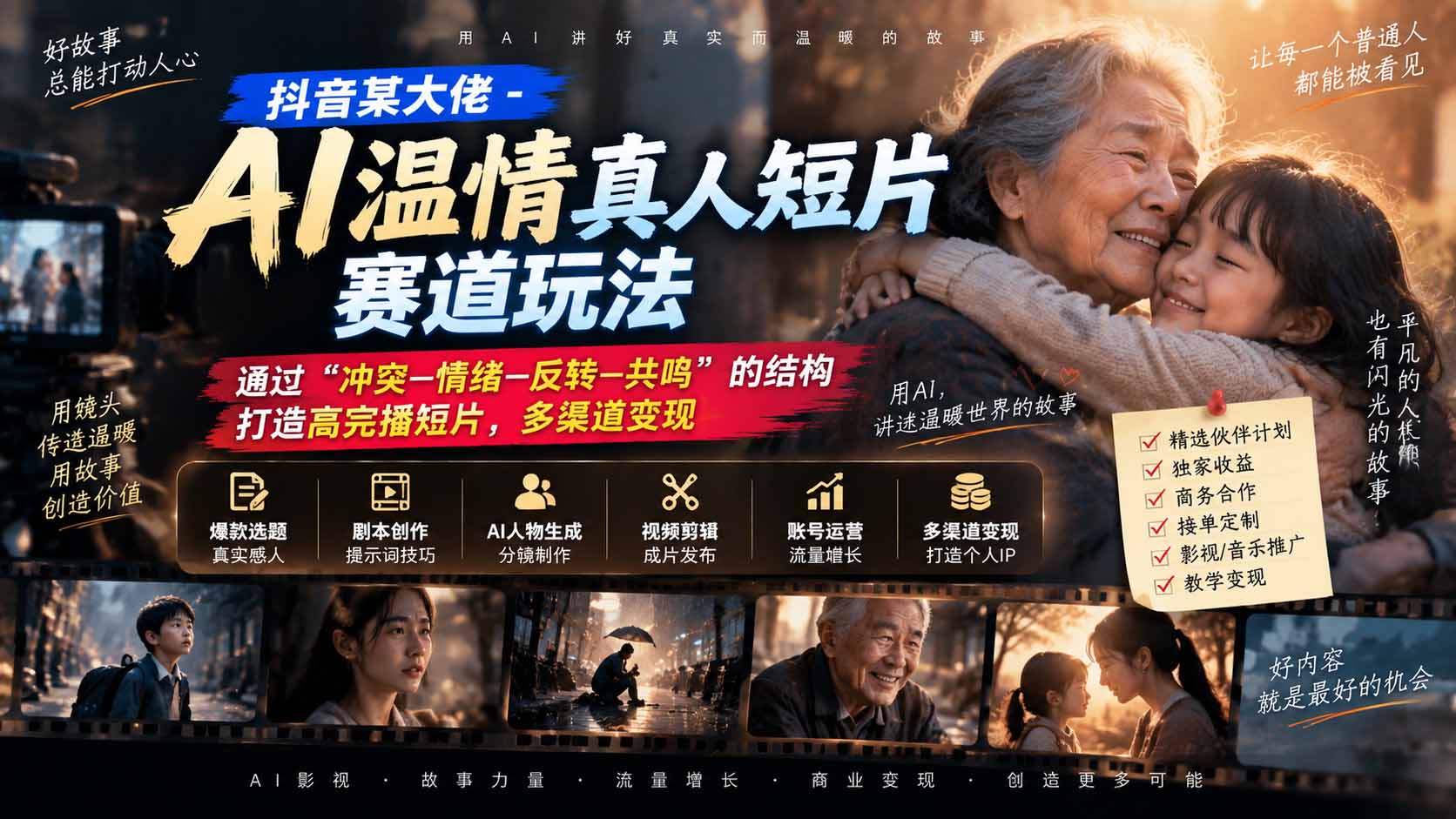 抖音某大佬-AI温情真人短片赛道玩法：通过“冲突—情绪—反转—共鸣”的结构打造高完播短片，多渠道变现-91副业网