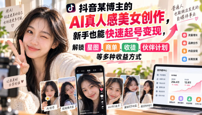 抖音某博主的AI真人感美女创作，新手也能快速起号变现，解锁星图，商单，收徒，伙伴计划等多种收益方式-91副业网