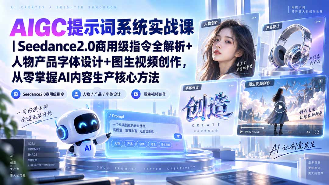 AIGC提示词系统实战课-无水印|Seedance2.0商用级指令全解析+人物产品字体设计+图生视频创作,掌握AI内容生产方法-91副业网