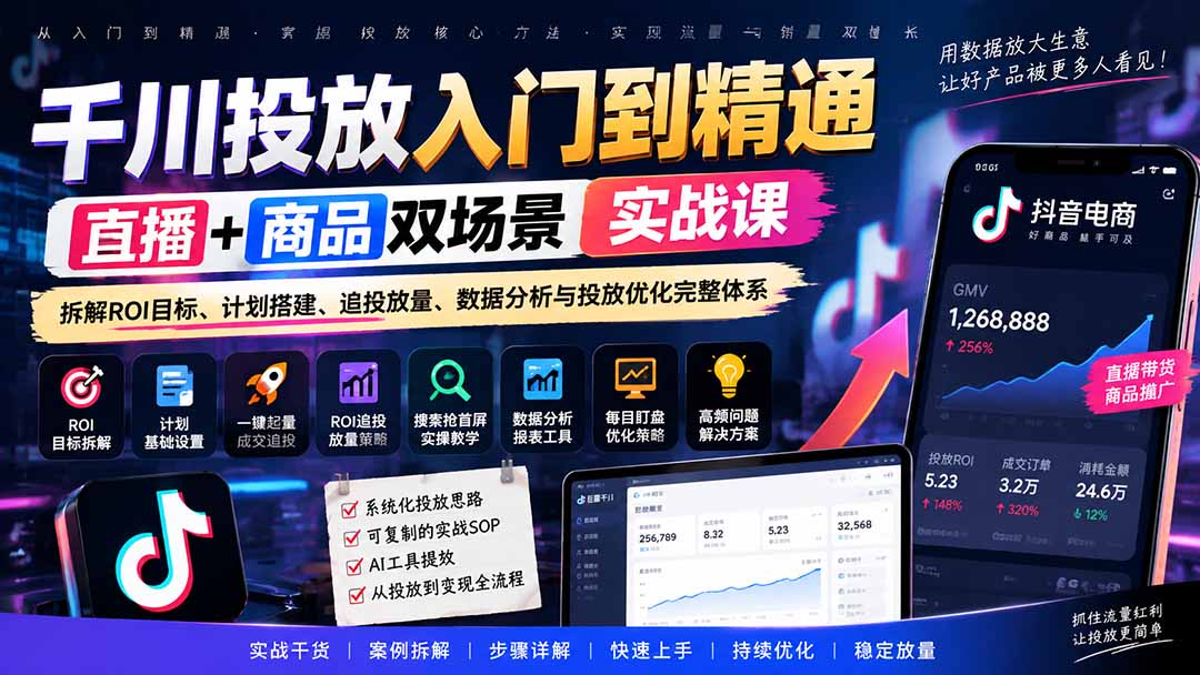 千川投放入门到精通实战课|直播+商品双场景拆解ROI目标、计划搭建、追投放量、数据分析与投放优化完整体系-91副业网