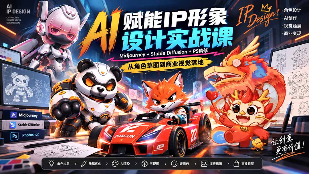 AI赋能IP形象设计实战课-无水印:Midjourney+Stable Diffusion+PS精修,从角色草图到商业视觉落地-91副业网