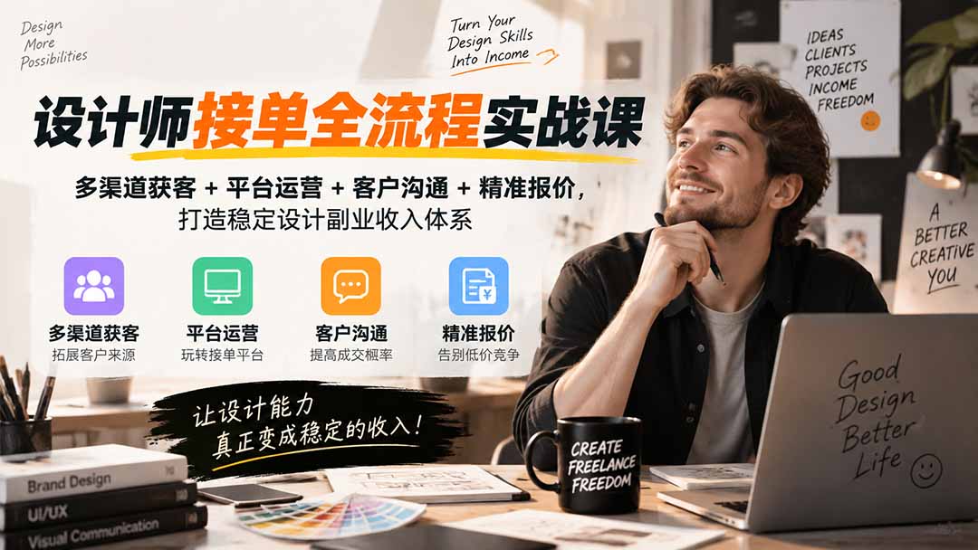 设计师接单全流程实战课-无水印|多渠道获客+平台运营+客户沟通+精准报价,打造稳定设计副业收入体系-91副业网