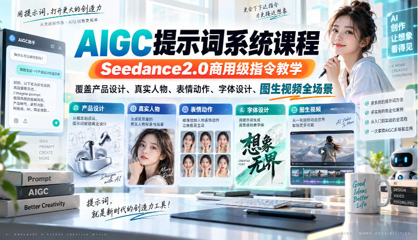 AIGC提示词系统课程,Seedance2.0商用级指令教学,覆盖产品设计、真实人物、表情动作、字体设计、图生视频全场景-91副业网