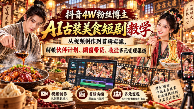 抖音4W粉丝博主AI古装美食短剧教学，从视频制作到剪辑实操，解锁伙伴计划、橱窗带货、收徒多元变现渠道-91副业网