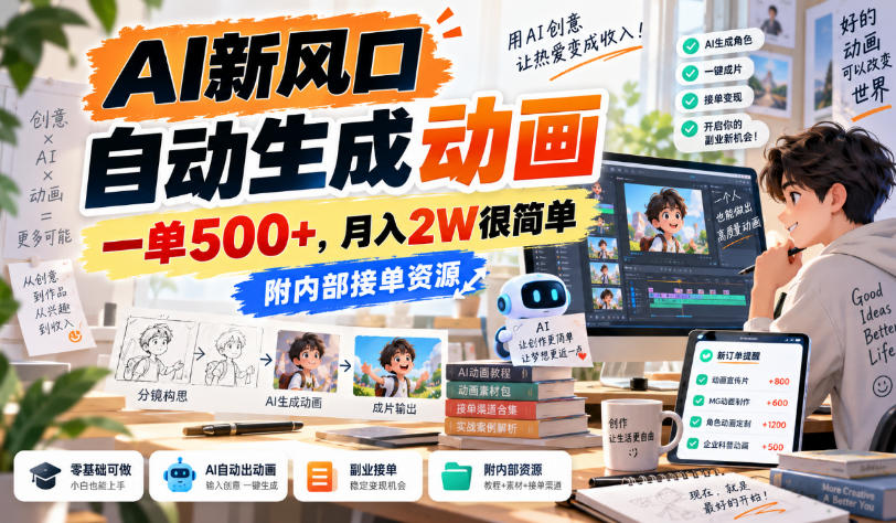AI新风口,自动生成动画,一单500+,月入2W很简单,附内部接单资源【揭秘】-91副业网