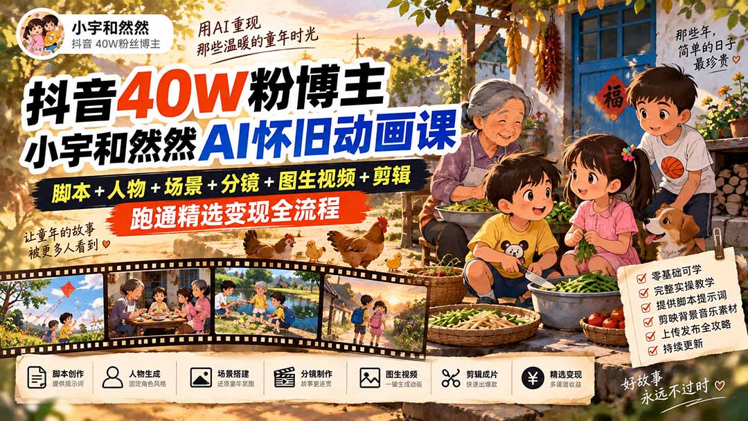 抖音40W粉博主小宇和然然AI怀旧动画课|脚本+人物+场景+分镜+图生视频+剪辑,跑通精选变现全流程-91副业网