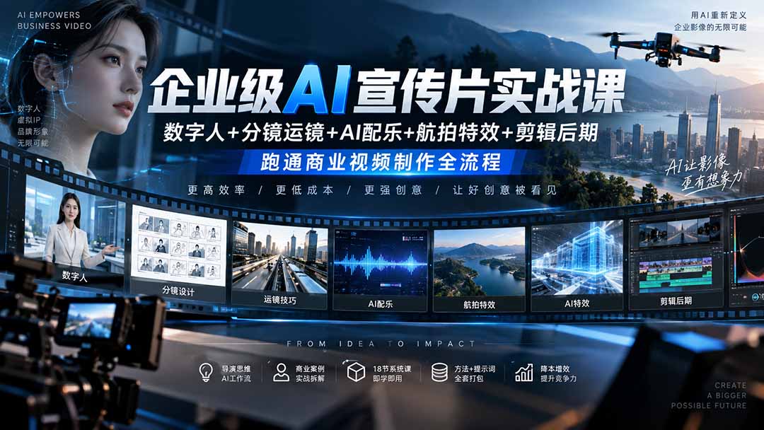 企业级AI宣传片实战课|数字人+分镜运镜+AI配乐+航拍特效+剪辑后期,跑通商业视频制作全流程-91副业网