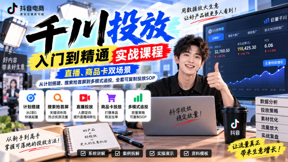千川投放入门到精通实战课程,直播、商品卡双场景,从计划搭建、搜索抢首屏到多模式追投,全套可复制投放SOP-91副业网