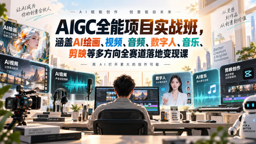 AIGC全能项目实战班,涵盖AI绘画、视频、音频、数字人、音乐、剪映等多方向全赛道落地变现课(更新)-91副业网