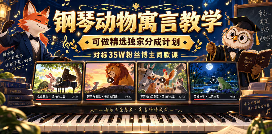钢琴动物寓言教学,可做精选独家分成计划,对标35W粉丝博主同款课-91副业网