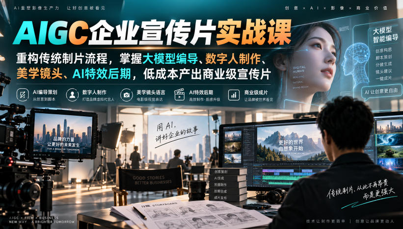 AIGC企业宣传片实战课,重构传统制片流程,掌握大模型编导、数字人制作、美学镜头、AI特效后期,低成本产出商业级宣传片-91副业网