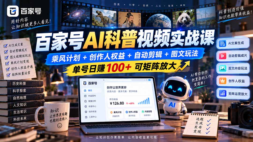 百家号AI科普视频实战课:乘风计划+创作人权益+自动剪辑+图文玩法,单号日赚100+可矩阵放大-91副业网