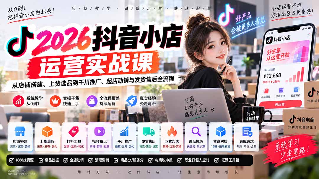 2026抖音小店运营实战课｜从店铺搭建、上货选品到千川推广、起店动销与发货售后全流程-91副业网