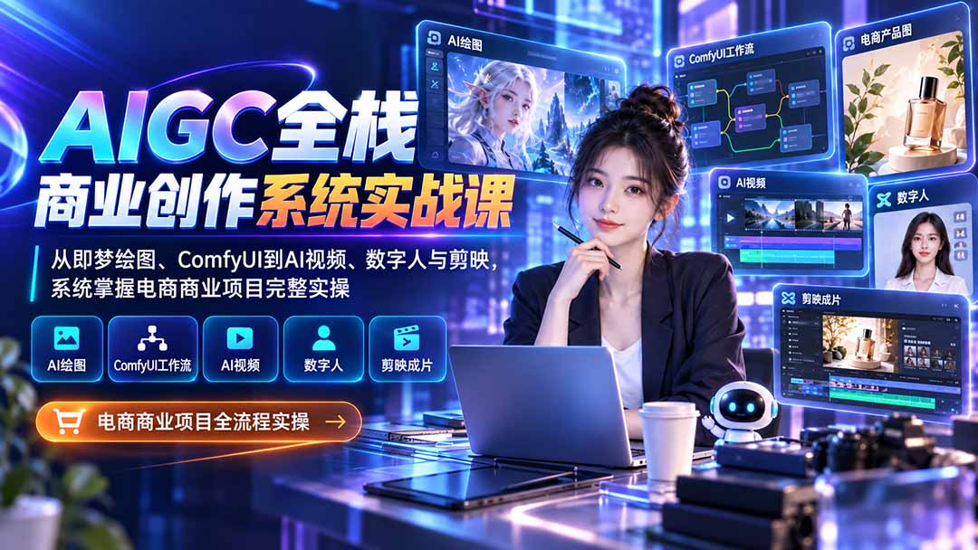 AIGC全栈商业创作系统实战课-无水印：从即梦绘图、ComfyUI到AI视频、数字人与剪映，系统掌握电商商业项目完整实操-91副业网