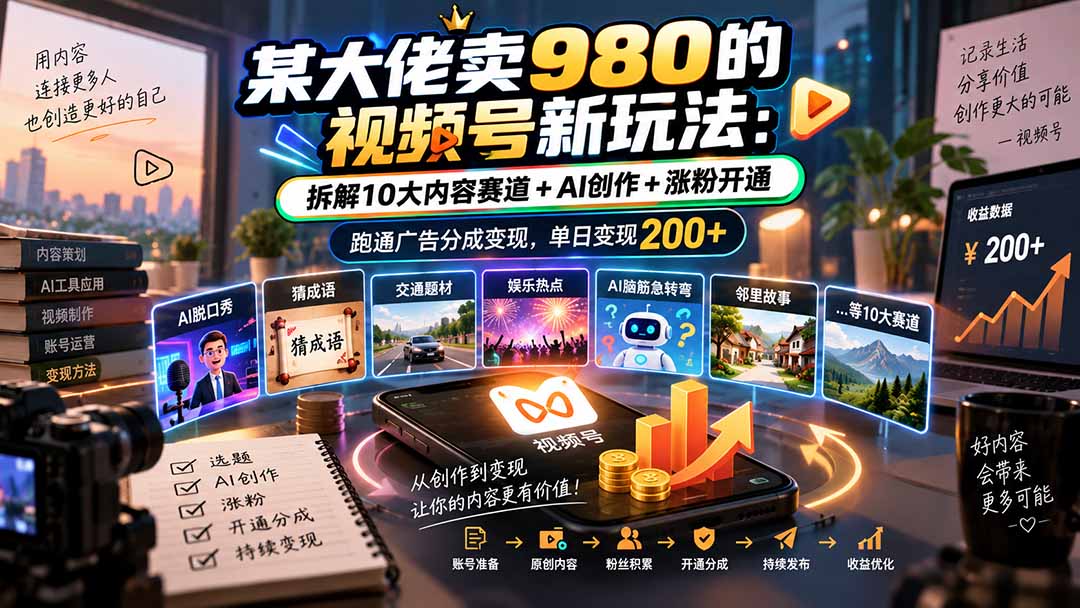 某大佬卖980的视频号新玩法:拆解10大内容赛道+AI创作+涨粉开通,跑通广告分成变现,单日变现200+-91副业网