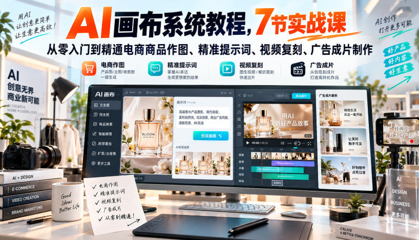 AI画布系统教程,7节实战课从零入门到精通电商商品作图、精准提示词、视频复刻、广告成片制作-91副业网