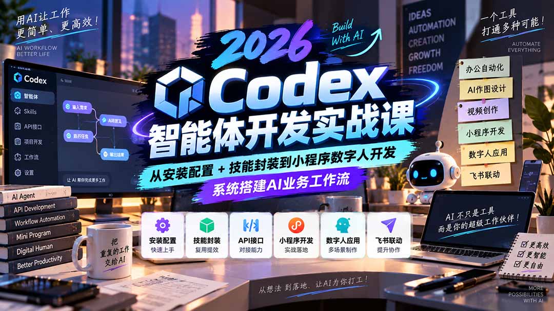 2026Codex智能体开发实战课:从安装配置+技能封装到小程序数字人开发,系统搭建AI业务工作流-91副业网