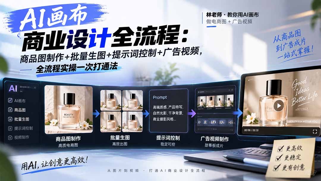 AI画布商业设计全流程:商品图制作+批量生图+提示词控制+广告视频,全流程实操一次打通法-91副业网