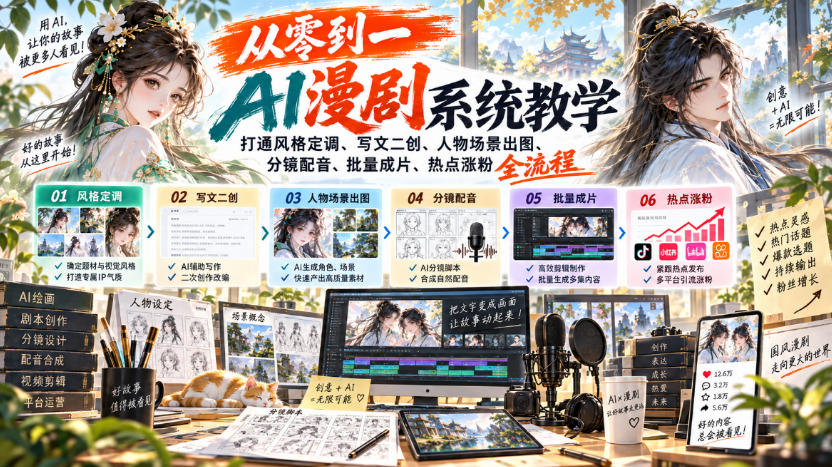 从零到一AI漫剧系统教学,打通风格定调、写文二创、人物场景出图、分镜配音、批量成片、热点涨粉全流程-91副业网