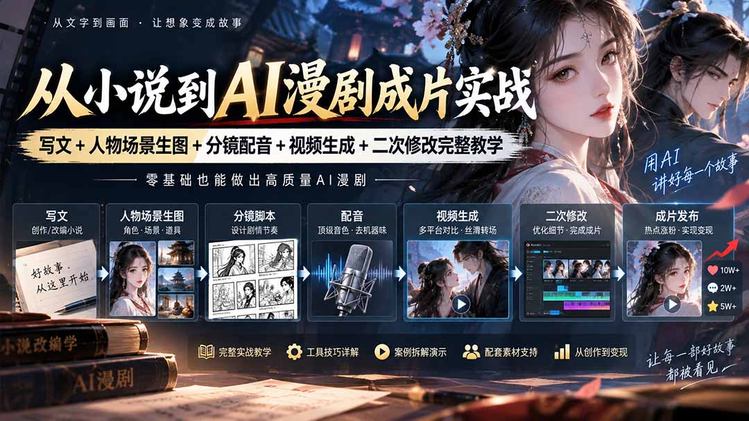 从小说到AI漫剧成片实战:写文+人物场景生图+分镜配音+视频生成+二次修改完整教学-91副业网
