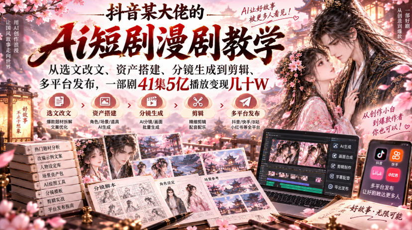 抖音某大佬的Ai短剧漫剧教学，从选文改文、资产搭建、分镜生成到剪辑、多平台发布，一部剧41集5亿播放变现几十W-91副业网