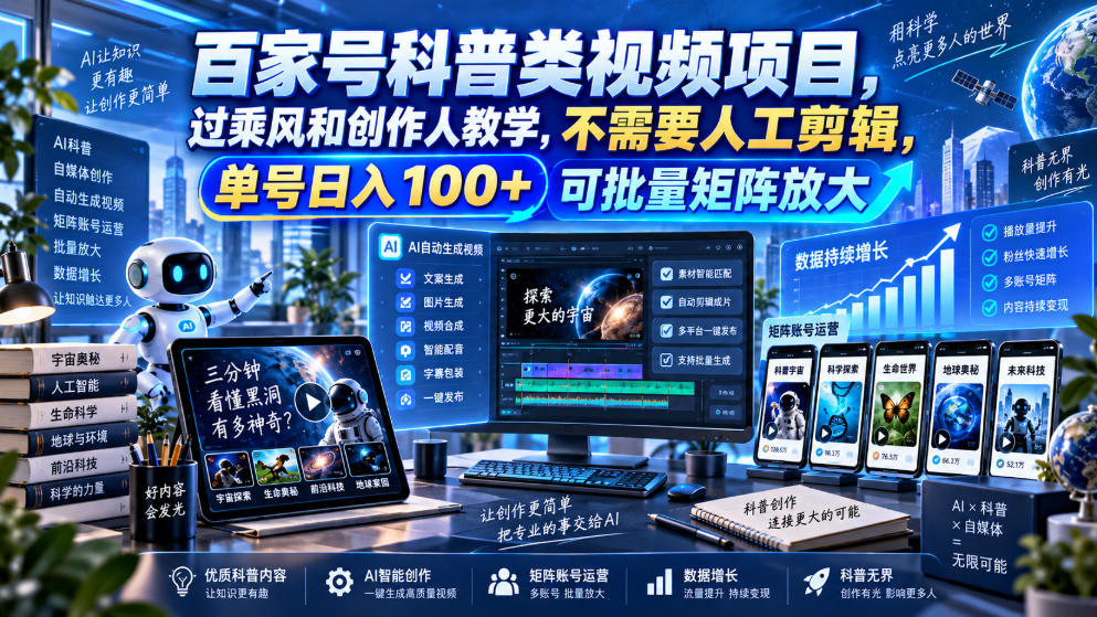 百家号科普类视频项目,过乘风和创作人教学,不需要人工剪辑,单号日入100+可批量矩阵放大-91副业网