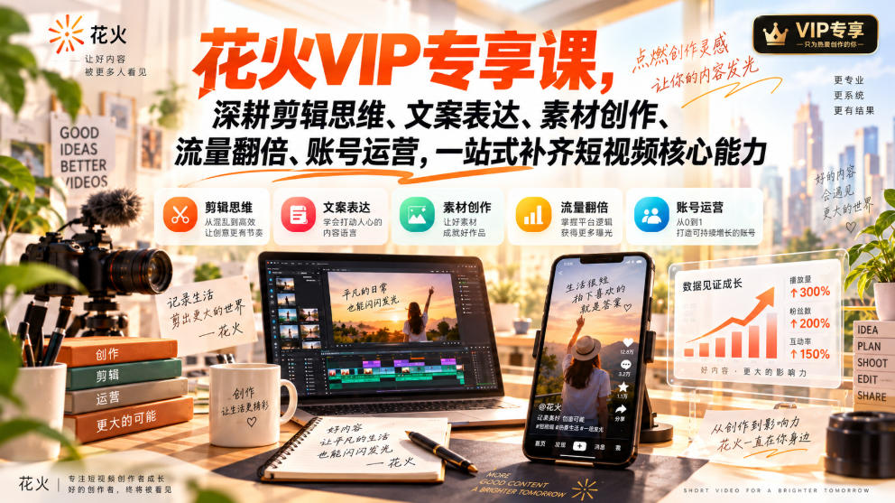 花火VIP专享课，深耕剪辑思维、文案表达、素材创作、流量翻倍、账号运营，一站式补齐短视频核心能力-91副业网