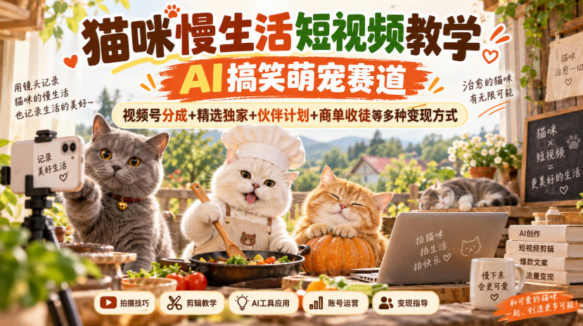 猫咪慢生活短视频教学，AI搞笑萌宠赛道，视频号分成+精选独家+伙伴计划+商单收徒等多种变现方式-91副业网