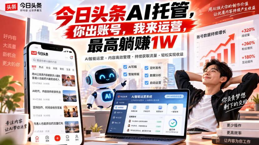 今日头条AI托管，你出账号，我来运营，最高躺賺1W【揭秘】-91副业网