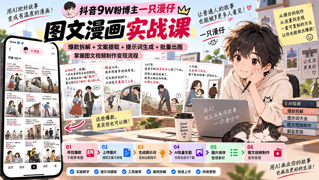 抖音9W粉博主一只漫仔图文漫画课:爆款拆解+文案提取+提示词生成+批量出图,掌握图文视频制作变现流程-91副业网