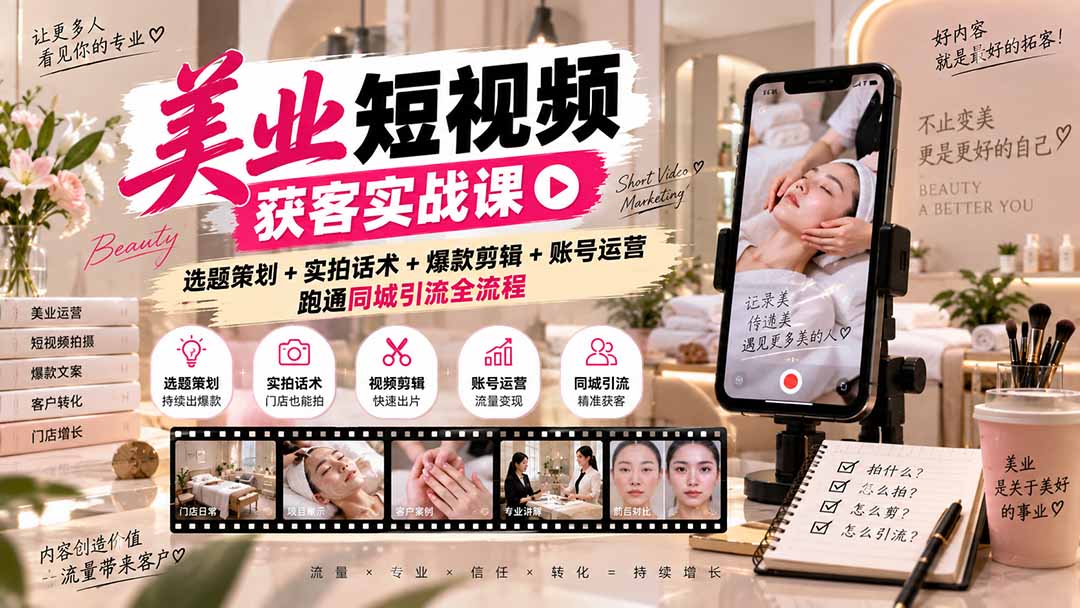 美业短视频获客实战课-无水印:选题策划+实拍话术+爆款剪辑+账号运营,跑通同城引流全流程-91副业网