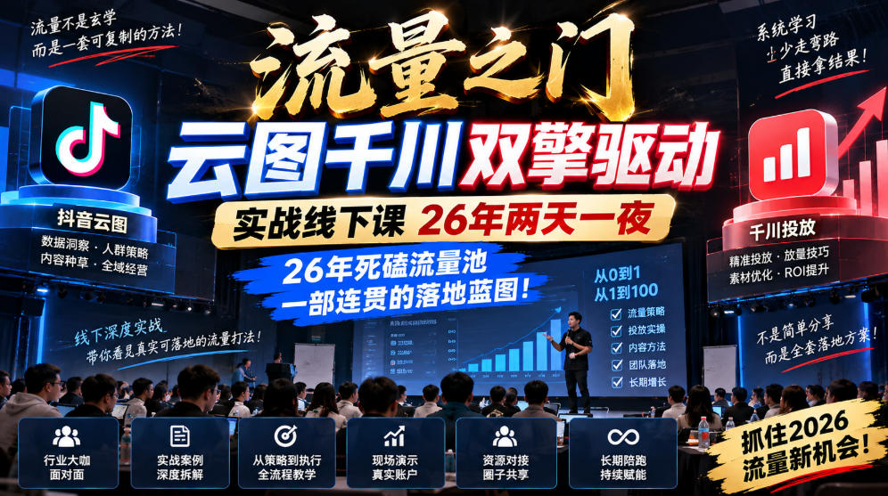 流量之门-云图千川双擎驱动实战线下课26年两天一夜，26年死磕流量池一部连贯的落地蓝图!-91副业网