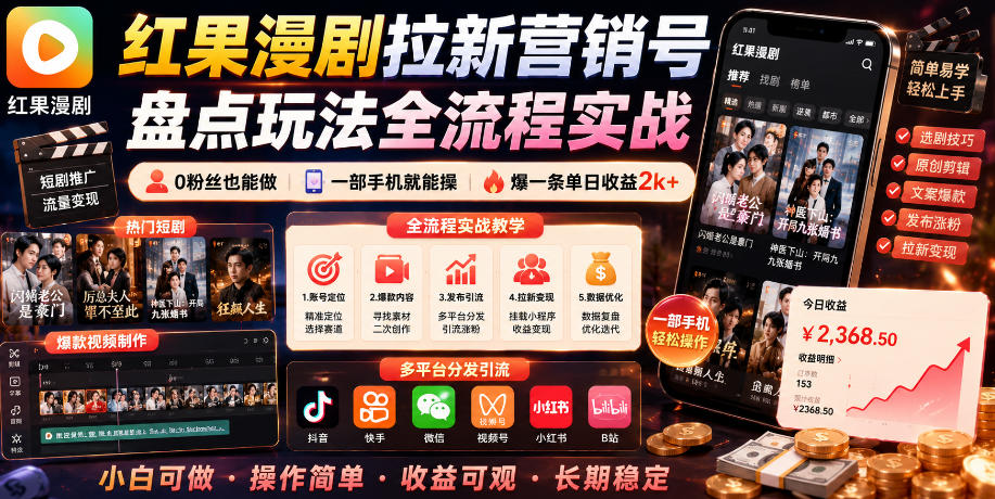 红果漫剧拉新营销号盘点玩法全流程实战，0粉丝也能做，一部手机就能做，爆一条单日收益2k+(更新0922)-91副业网