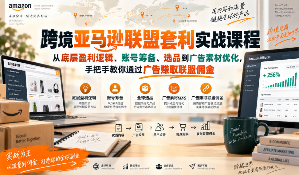 跨境亚马逊联盟套利实战课程，从底层盈利逻辑、账号筹备、选品到广告素材优化，手把手教你通过广告賺取联盟佣金-91副业网