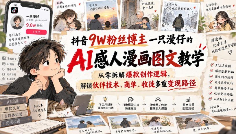 抖音9W粉丝博主一只漫仔的AI感人漫画图文教学，从零拆解爆款创作逻辑，解锁伙伴技术、商单、收徒多重变现路径-91副业网