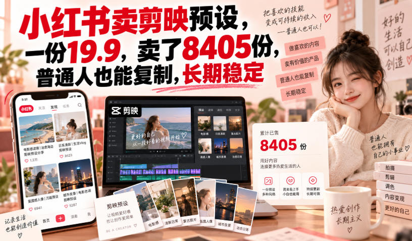 小红书卖剪映预设，一份19.9，卖了8405份，普通人也能复制，长期稳定-91副业网