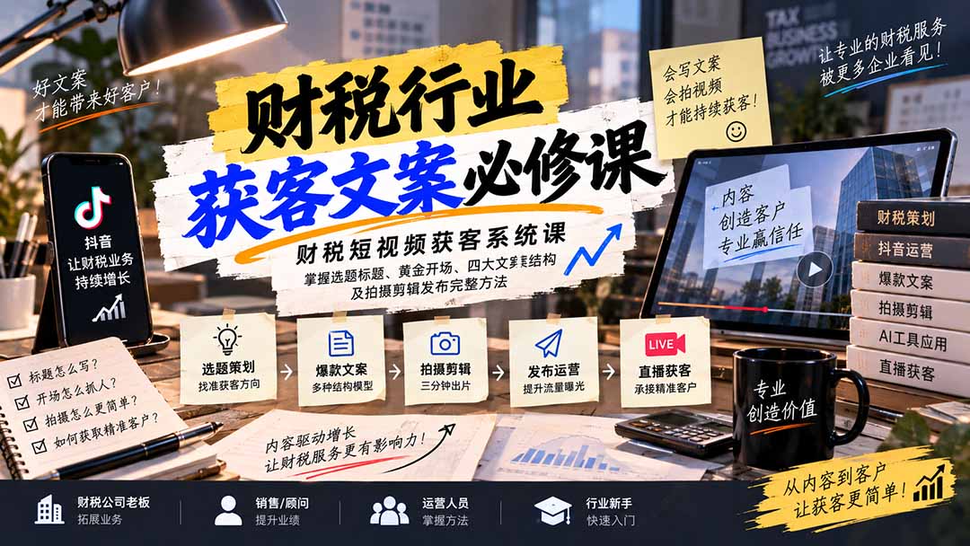 财税短视频获客系统课：掌握选题标题、黄金开场、四大文案结构及拍摄剪辑发布完整方法-91副业网