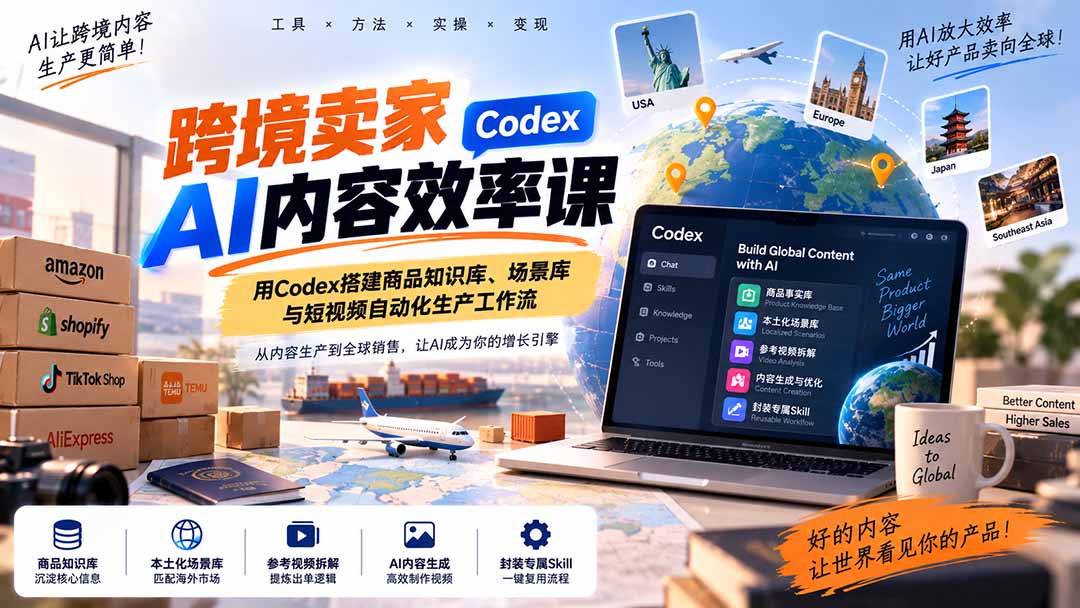跨境卖家AI内容效率课：用Codex搭建商品知识库、场景库与短视频自动化生产工作流-91副业网