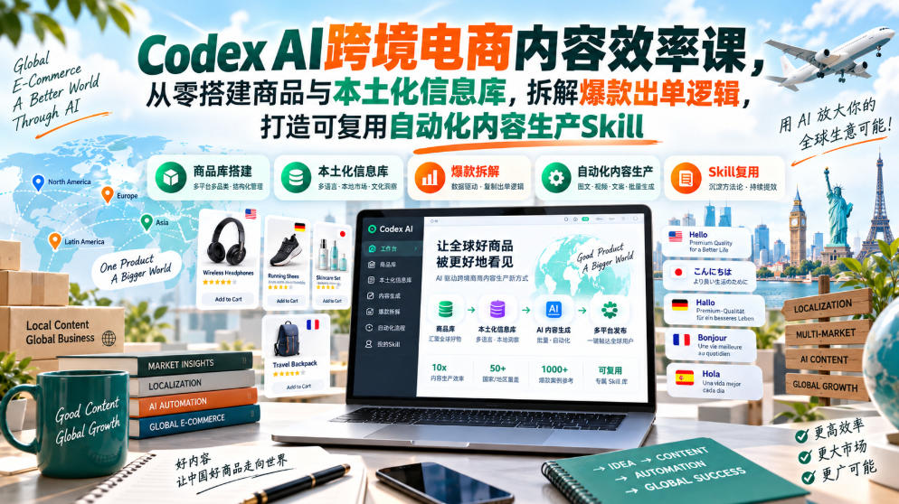 Codex AI跨境电商内容效率课,从零搭建商品与本土化信息库,拆解爆款出单逻辑,打造可复用自动化内容生产Skill-91副业网