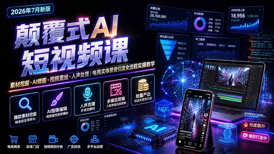 颠覆式AI短视频课-更新|素材挖掘,AI修图,视频重绘,人声处理|电商实体带货引流全流程实操教学-91副业网