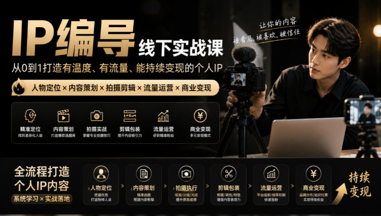 【无水印】IP编导线下实战课，从人物定位到短视频拍摄剪辑，全流程打造有温度、有流量、能持续变现的个人IP内容-91副业网