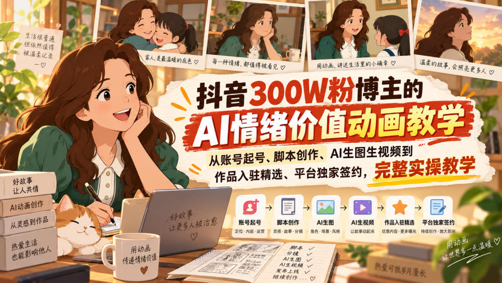 抖音300W粉博主的AI情绪价值动画教学，从账号起号、脚本创作、AI生图生视频到作品入驻精选、平台独家签约，完整实操-91副业网