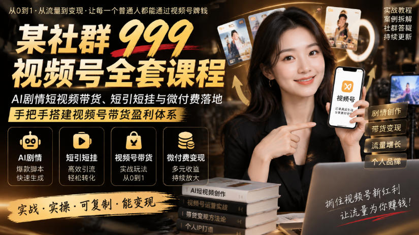 某社群999视频号全套课程，AI剧情短视频带货、短引短挂与微付费落地，手把手搭建视频号带货盈利体系-91副业网