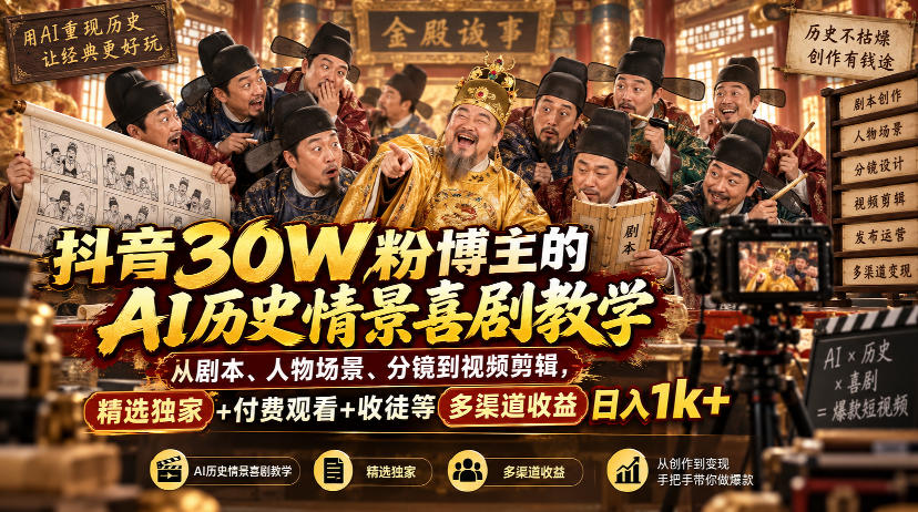 抖音30W粉博主的AI历史情景喜剧教学，从剧本、人物场景、分镜到视频剪辑，精选独家+付费观看+收徒等多渠道收益日入1k+-91副业网
