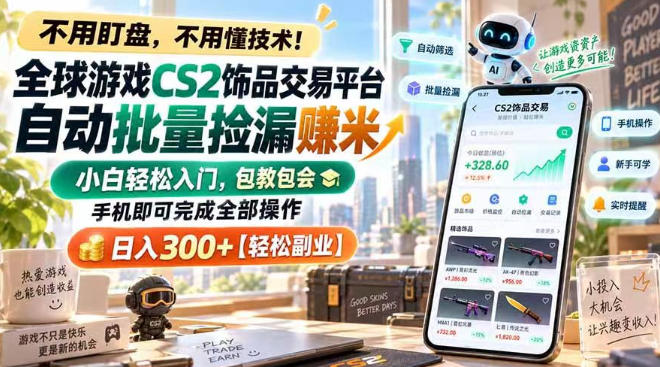 全球游戏CS2饰品交易平台自动批量捡漏賺米，小白轻松入门，包教包会，手机即可完成全部操作，日入300+【揭秘】-91副业网