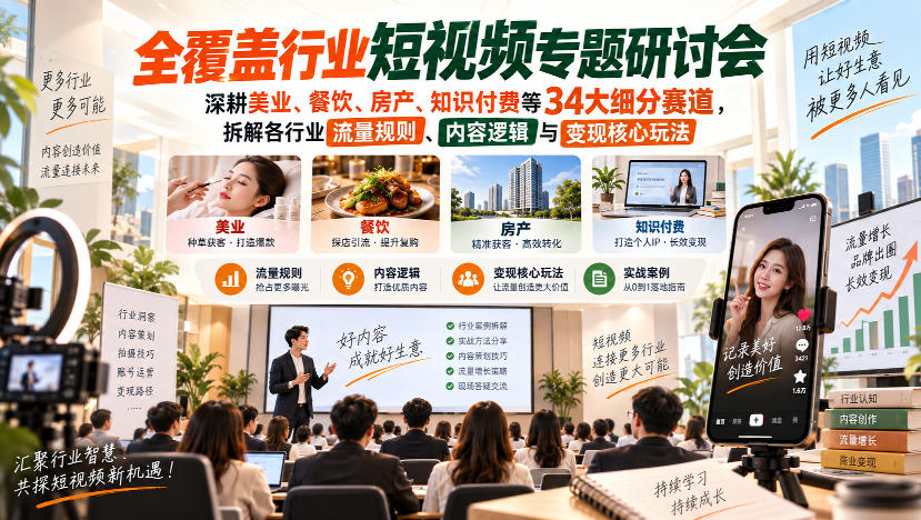 短视频专题研讨会,深耕美业、餐饮、房产、知识付费等34大细分赛道,拆解各行业流量规则、内容逻辑与变现核心玩法-91副业网