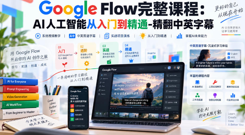 【无水印】Google Flow完整课程：AI人工智能从入门到精通-精翻中英字幕-91副业网